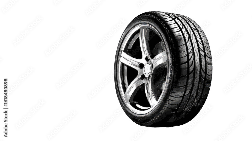 Stylish Car Tire with Alloy Rim Isolated on Black Background for Automotive and Performance Themes Stylish Car Tire with Alloy Rim Isolated on Black Background for Automotive and Performance Themes