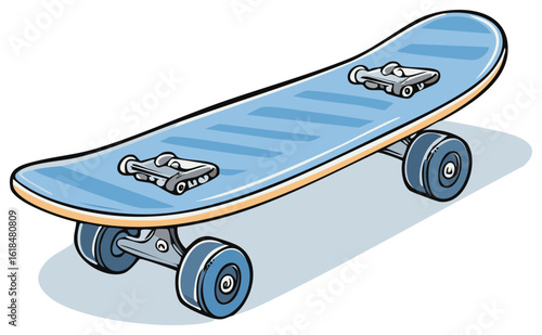 Blue skateboard with silver trucks and wheels for skating and recreation