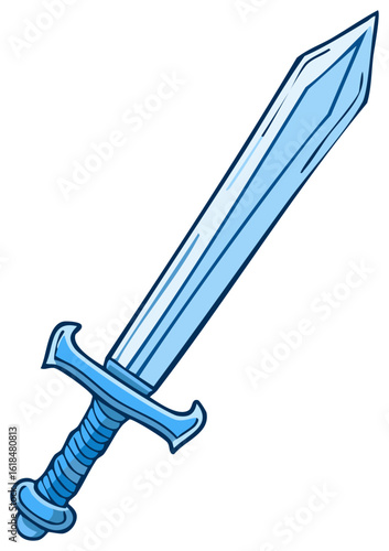 Cartoon illustration of a blue sword with a hilt