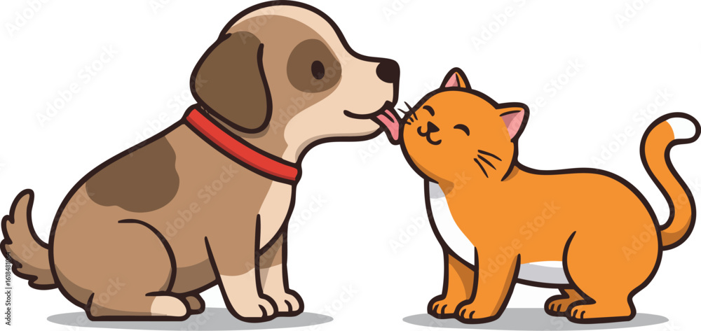 Fototapeta premium Cute cartoon puppy and kitten vector illustration with happy brown pets