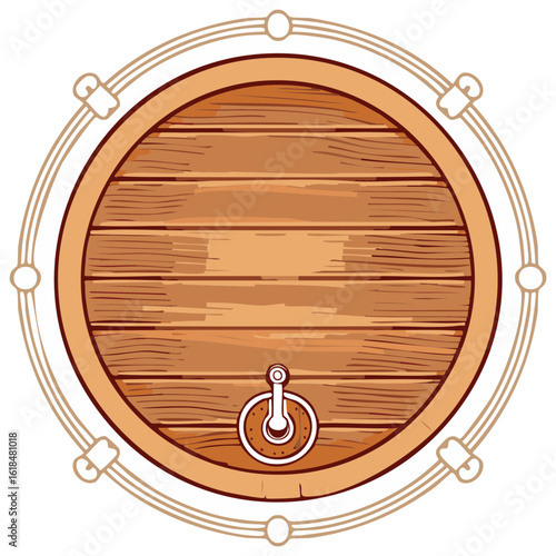 Cartoon Illustration of a Wooden Barrel with Metal Bands for Drinks Storage