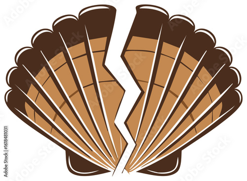 Cracked fan shell artwork icon illustration depicting damage or broken item isolated on white background