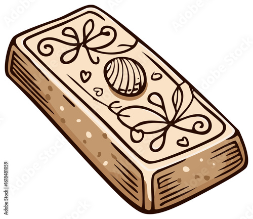 Ornamental bar of Soap with seashell, hearts and leaves, vintage style graphic illustration, product design, feminine hygiene object