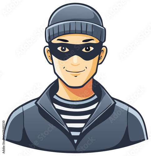Mischievous cartoon robber character wearing a black eye mask beanie hat and striped top design