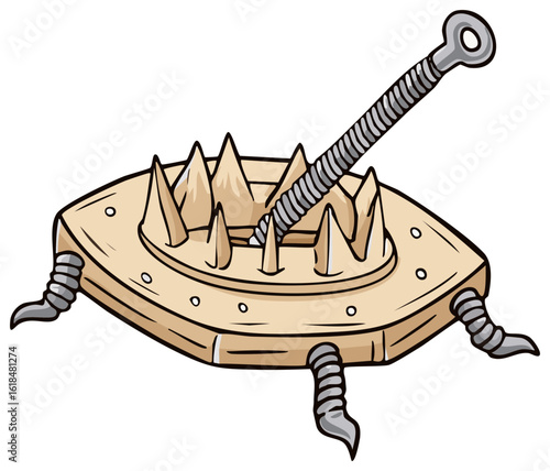 Cartoon Spiked Mine Trap: Square shape with pointy spikes and a central coiled spring trap mechanism, four flexible legs below, vector isolated