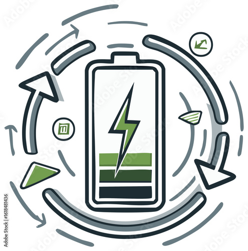 Sustainable battery power and recycling cycle concept green energy storage doodle