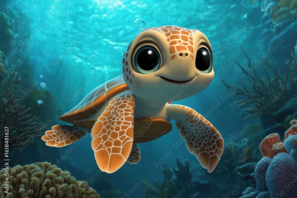 Fototapeta premium Baby sea turtle swimming gracefully among coral reefs in tranquil Cute Cartoon Underwater