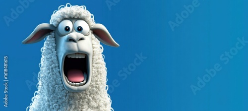 Animated white sheep shouting loudly on blue background in detailed Cute Cartoon Surprised
