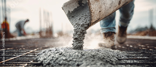 Wallpaper Mural Worker pouring concrete onto steel grid for new building floor construction at a busy construction site Torontodigital.ca