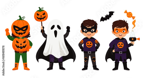 Four adorable cartoon children characters dressed in diverse Halloween costumes including pumpkin ghost and superhero outfits.