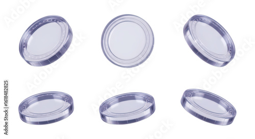 Transparent levitating discs in various angles isolated on a white backdrop for product mockups and design elements