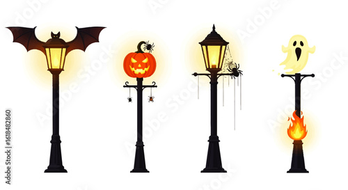 Four distinct Halloween-themed street lamps with spooky decorations including bats pumpkins spiders and ghosts in a cartoon style.