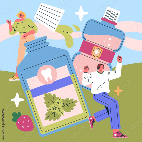 Colorful Tooth Care Products with Happy People Illustration
