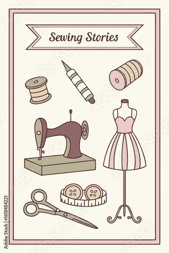 Sewing craft projects and diy sewing patterns for beginners with sewing machine and dressmaking tools set