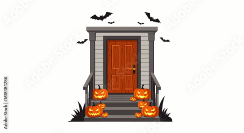 Spooky Halloween Doorway with Carved Pumpkins and Flying Bats.