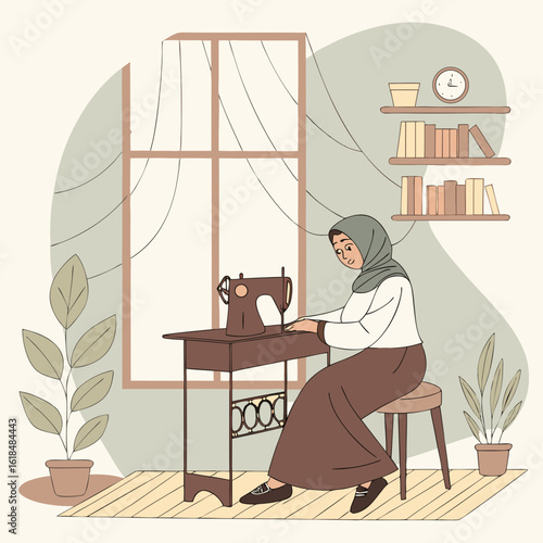 Illustration of muslim woman sewing at home with sewing machine and house plants in a cozy room decor