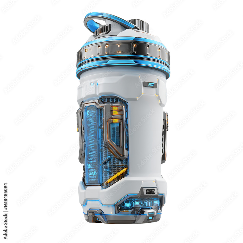 Naklejka premium A futuristic white and blue container with visible inner workings on a black background stands upright