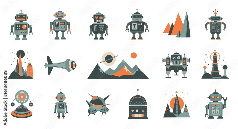 Fototapeta premium Illustration of robots space ships and futuristic buildings in a retro style design concept art