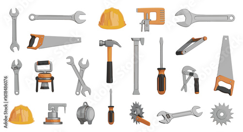 Collection of various construction tools including wrenches, saws, hammers, and safety helmets shown