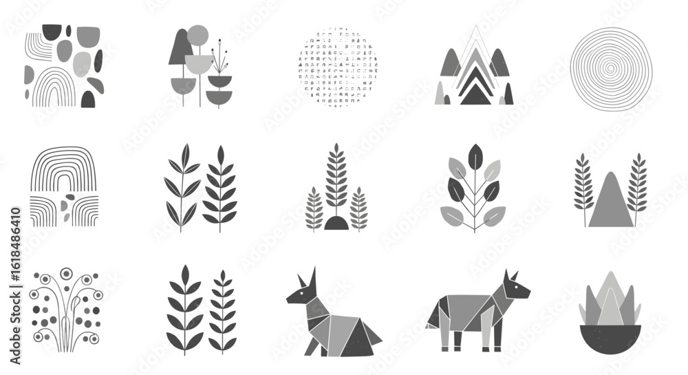 Fototapeta premium Collection of grayscale botanical and geometric shapes including plants animals and abstract patterns artfully arranged