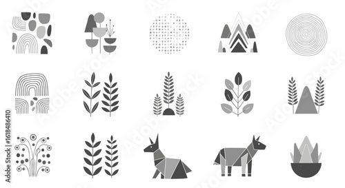 Collection of grayscale botanical and geometric shapes including plants animals and abstract patterns artfully arranged