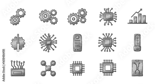 Collection of technology and industry related icons including gears chips and a rising bar graph