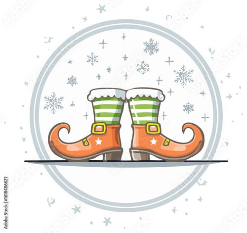 Festive Elf Boots Cartoon Illustration with Snowflakes and Stars, Orange Shoes and Green Striped Socks