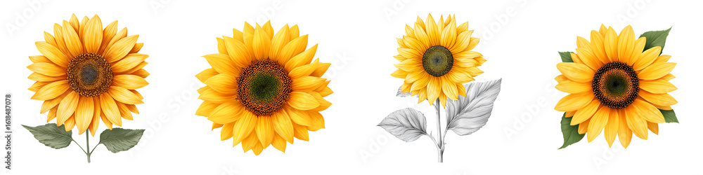 Fototapeta premium Sunflower Set: Four Yellow Blooms on White Background