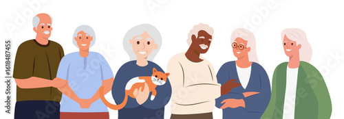 modern different happy old senior people pensioner elderly men women fashion stylish clothes group portrait of aged retired characters graphic illustration background