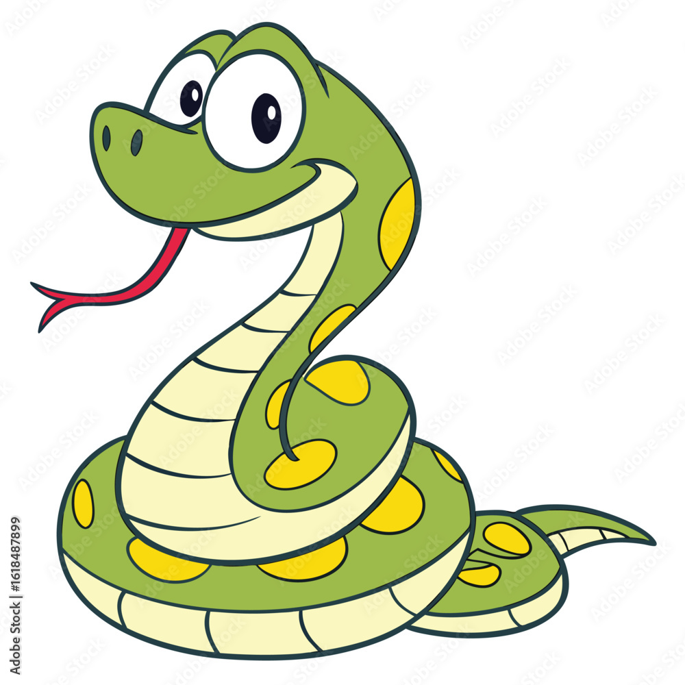 Fototapeta premium Cartoon green snake with yellow spots and red tongue