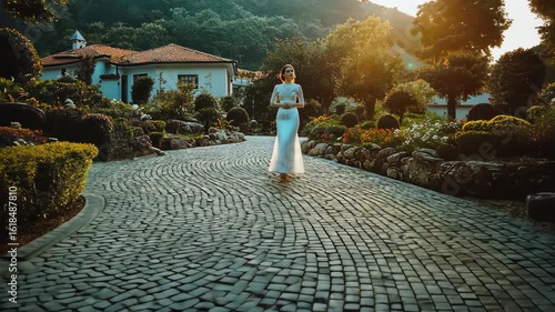 Serene Bride Walking Cobblestone Path