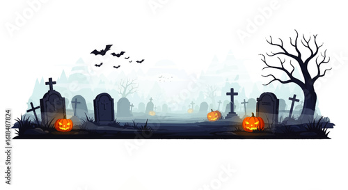 Spooky Halloween graveyard landscape with glowing jack-o-lanterns tombstones and flying bats in the mist.