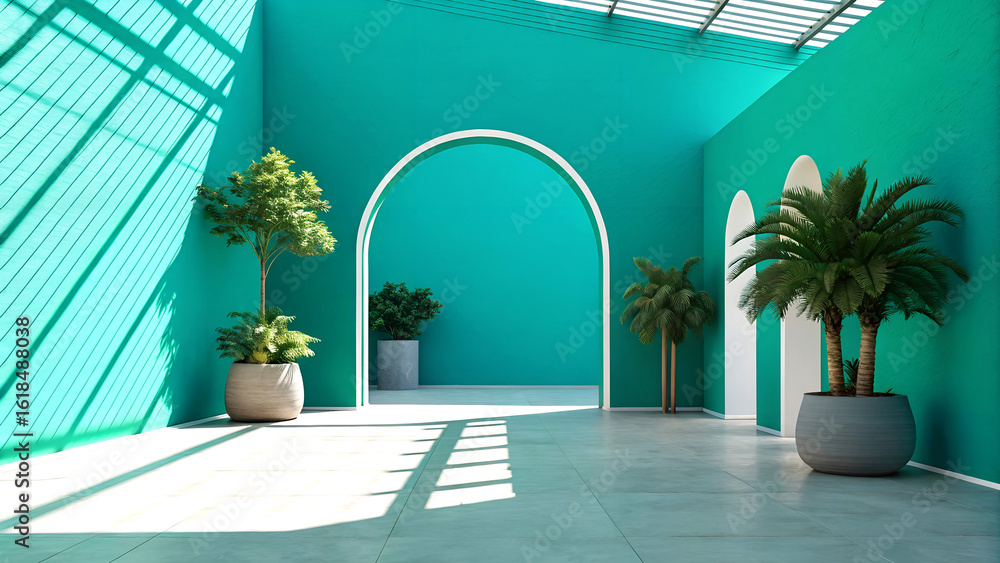 Obraz premium Tropical turquoise room with vibrant plants and natural light creates a stunning interior space
