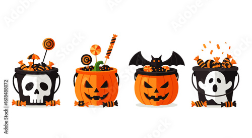 Halloween Candy Buckets with Skull Pumpkin Bat and Ghost Designs.