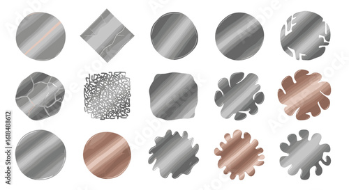 Assorted collection of silver and bronze shapes with varying textures and surface treatments displayed