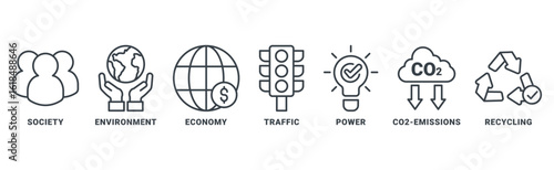 Sustainability icon set vector concept with icon of society, economic, traffic, power, co2 emission, recycling