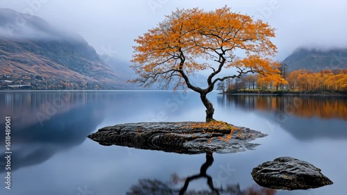Solitary Autumn Tree on a Calm Lake