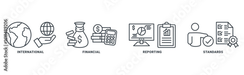 IFRS (international financial reporting standards) icon set vector concept with icon of global, network, economy, money, documents