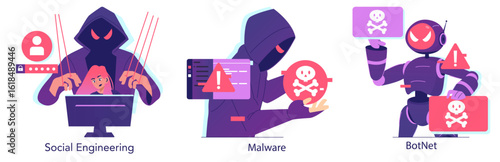 Cybersecurity Vector Illustration of Threats and Attacks