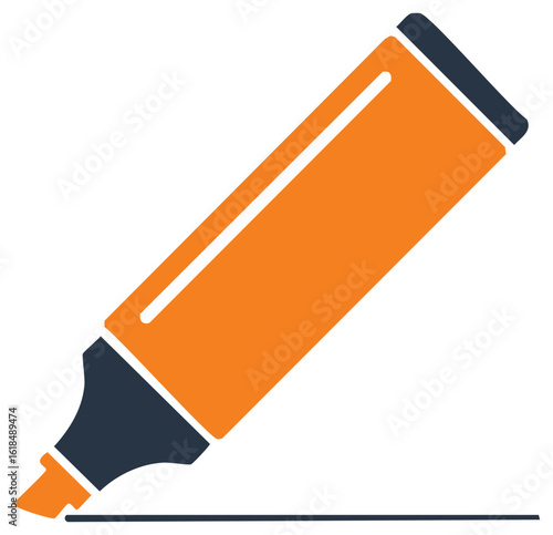 Flat design icon of an orange highlighter marker drawing a line. Concept for education, study, and office stationery.