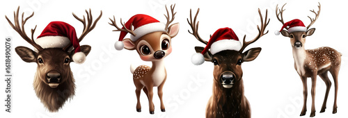 Collection of Christmas reindeer characters with santa hats and red noses standing in a line on white background



