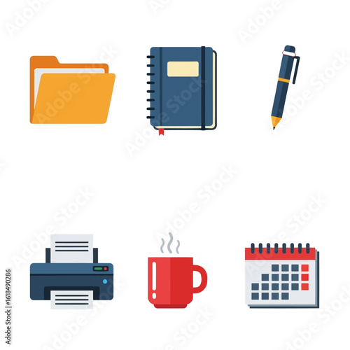 Vector art of a collection of office and workrelated icons including a folder, notebook, pen, printer, coffee cup, and calendar, isolated on white background