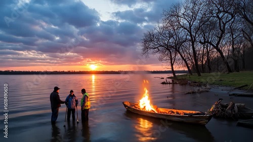 Sunset River Ritual: Three Figures by Burning Boat