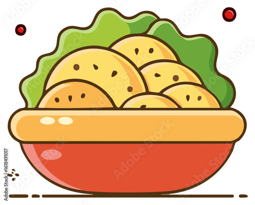 Stylized illustration of a colorful bowl filled with dumplings and lettuce leaves