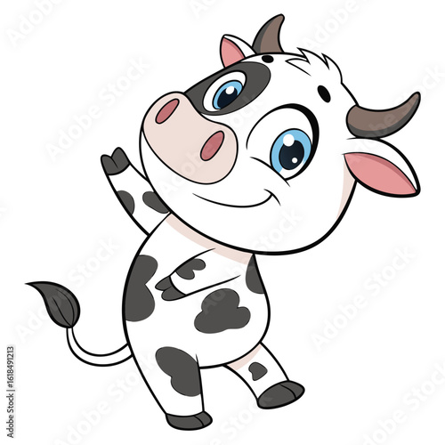 Cute cartoon cow waving hello animal black and white
