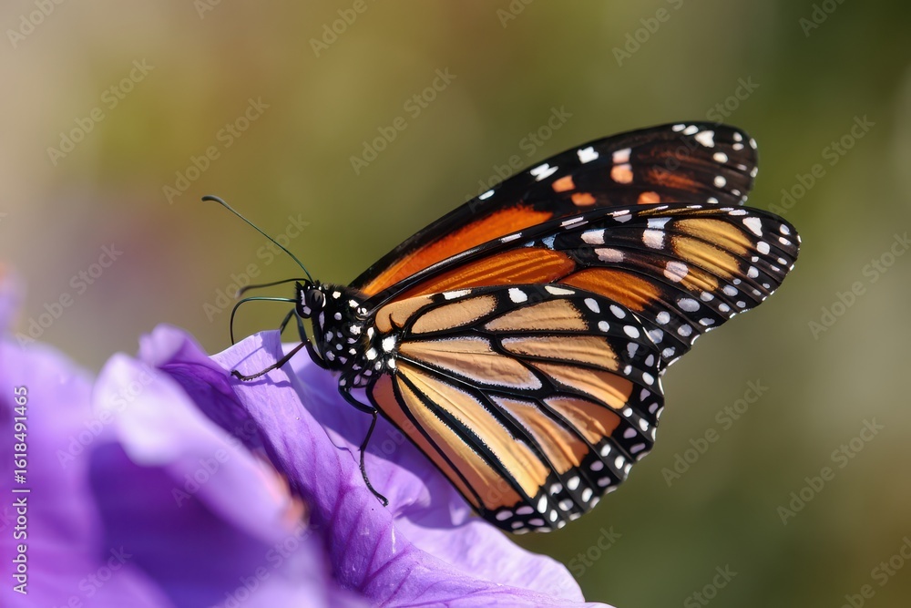 Naklejka premium A monarch butterfly is perched on a vibrant purple flower in a garden transparent background