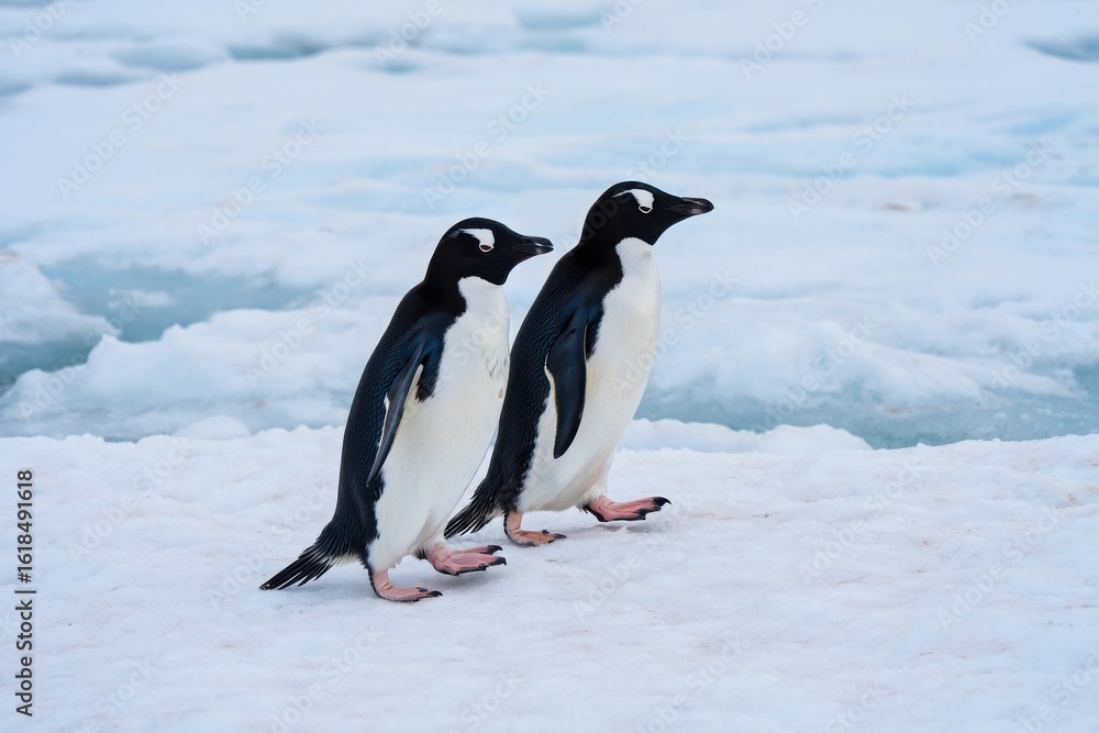 Fototapeta premium Two adlie penguins stand on an icy landscape in antarctica transparent background