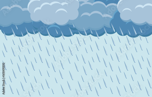 Heavy rain cartoon vector illustration. Dark stormy clouds and waterdrops on blue background. Rainy weather