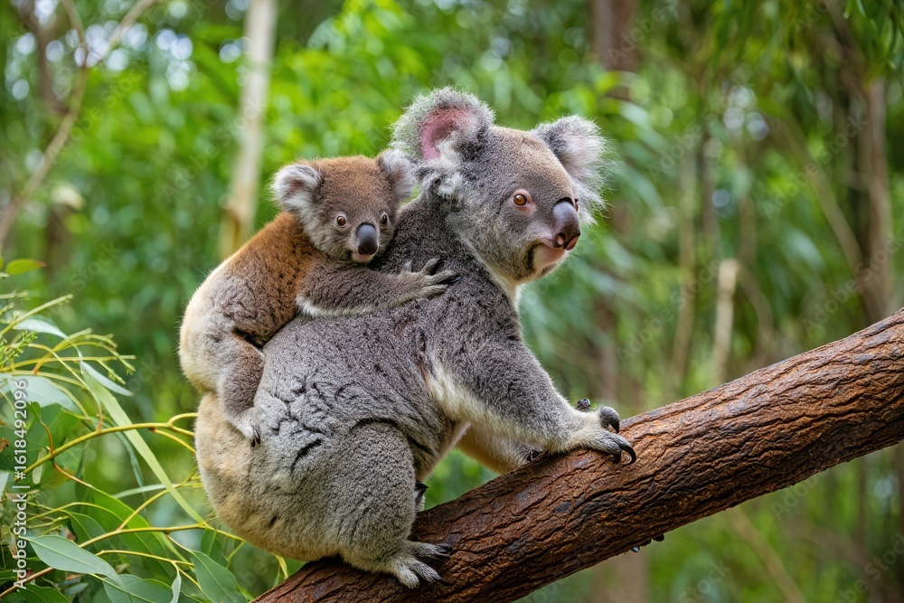 Fototapeta premium A mother koala carries her baby joey on her back transparent background