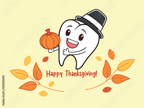 Vector art of a cute tooth character celebrating thanksgiving with a pumpkin and pilgrim hat on a yellow background